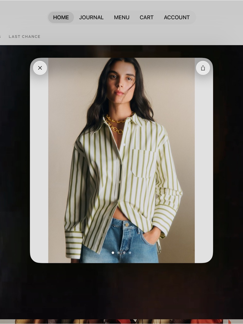 Sezane Olive and White Striped Button-Down Shirt